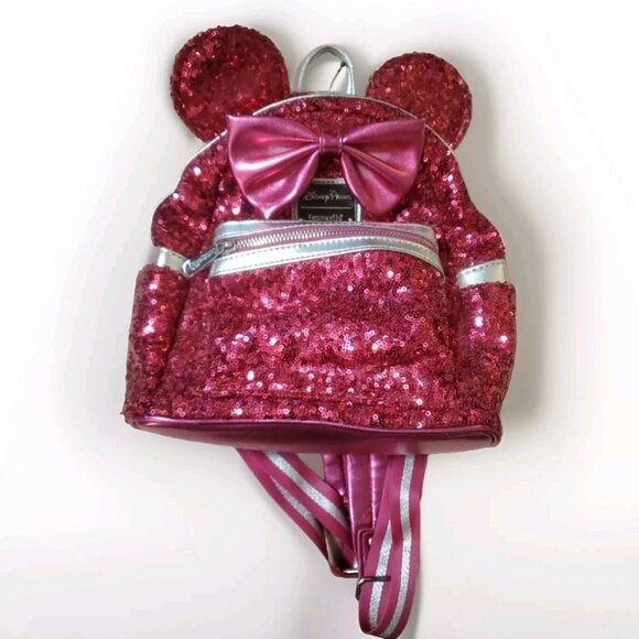 Loungefly Disney Minnie Mouse Magenta Sequin Mini Backpack - Picture 1 of 11